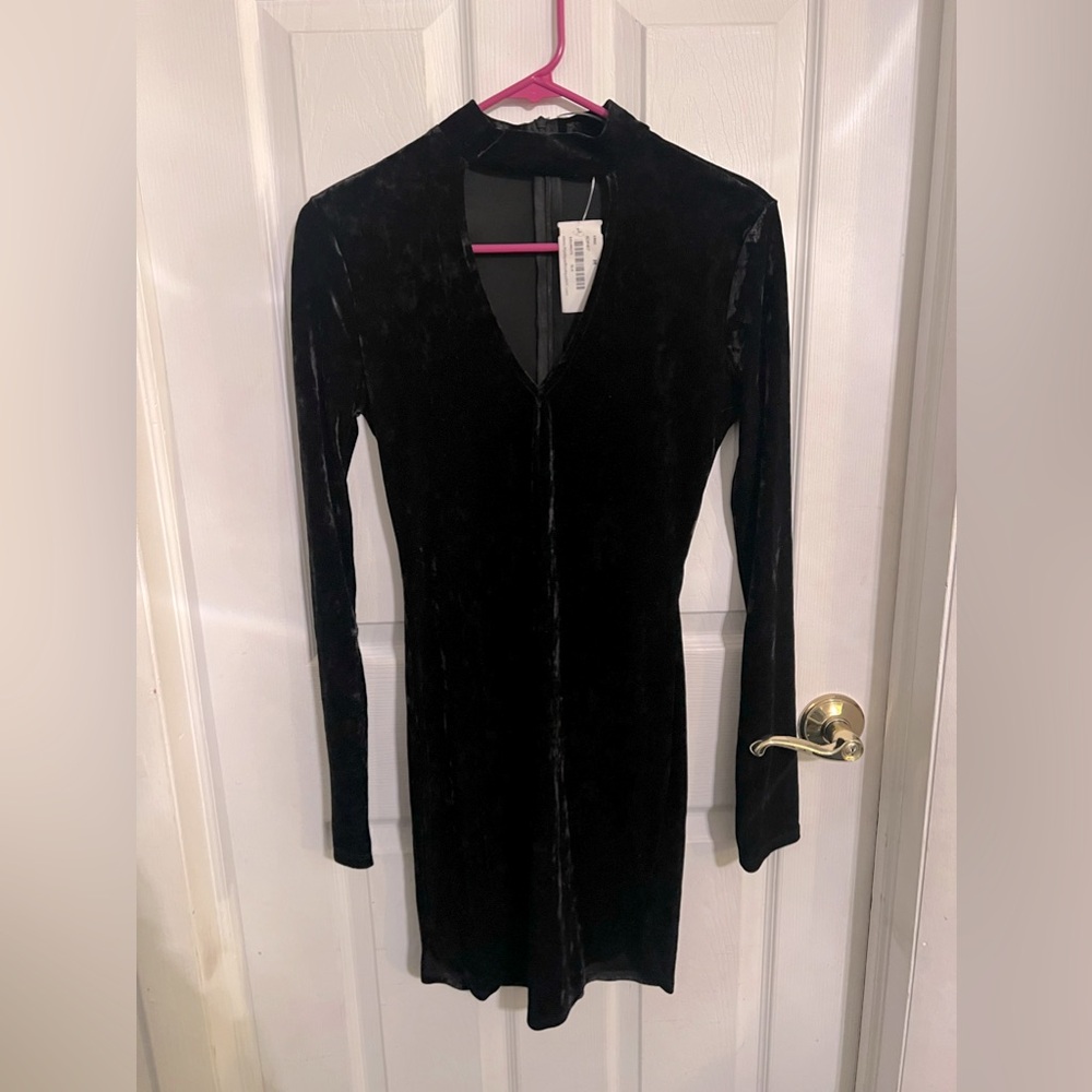Black velvet mini dress with front V cut out